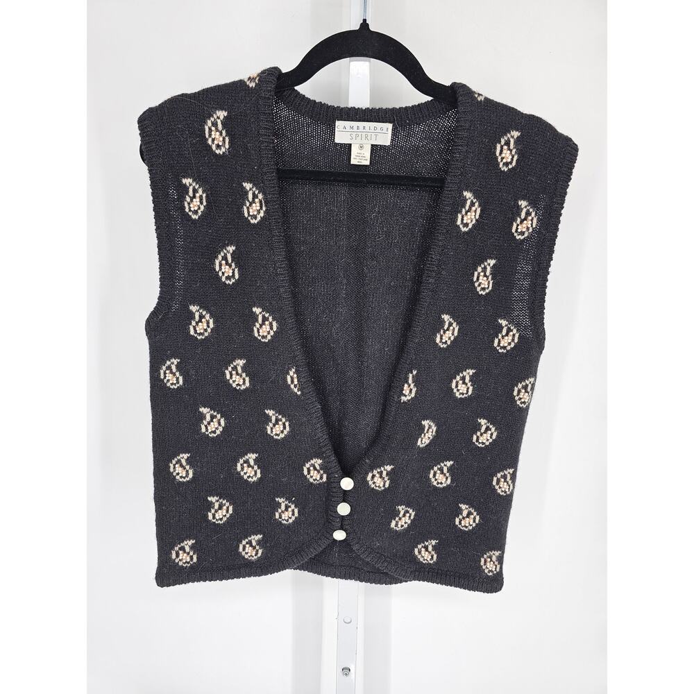 Vintage Cambridge Spirit Womens Sz M Cardigan Sweater Vest Shetland Wool Black
